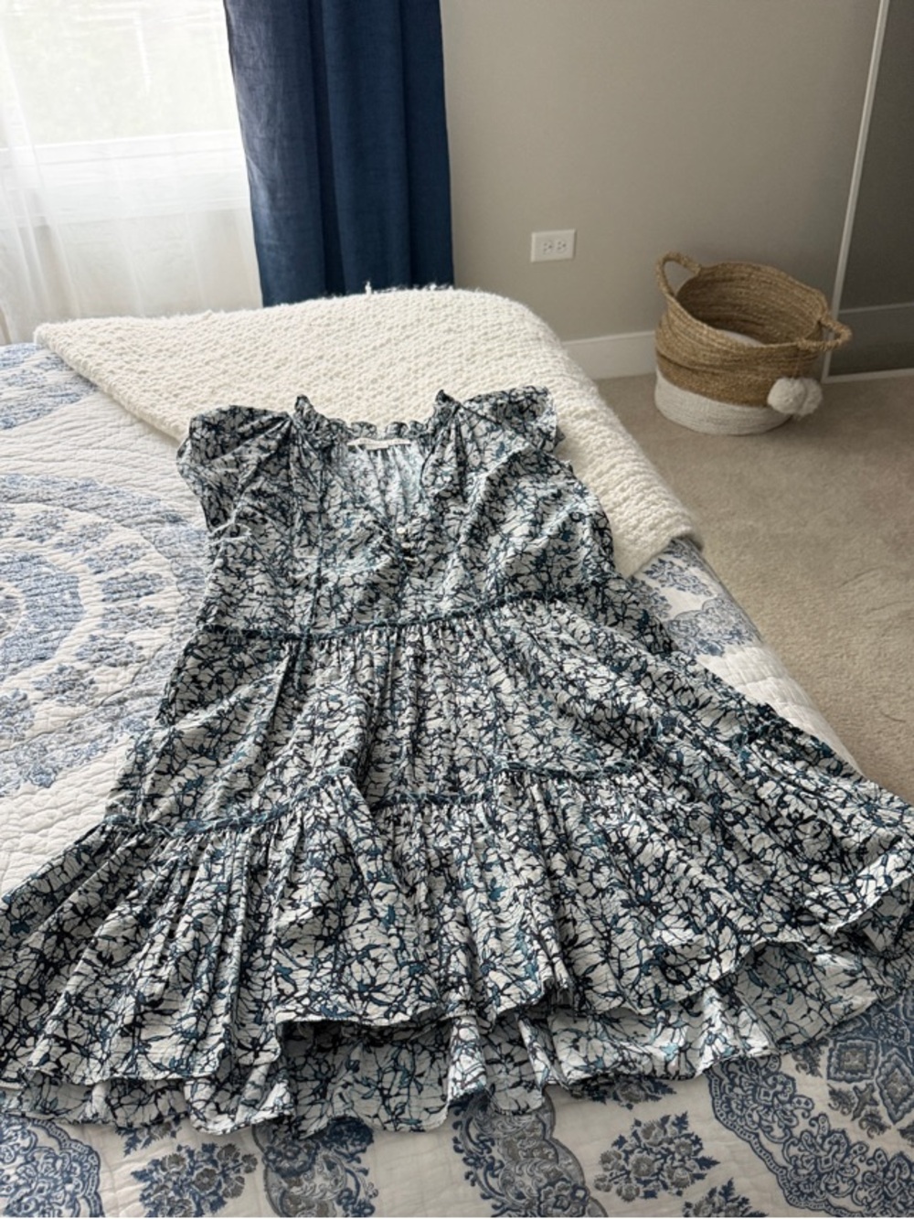 Veronica Beard Ikat Tiered Ruffle Sundress in Navy and White